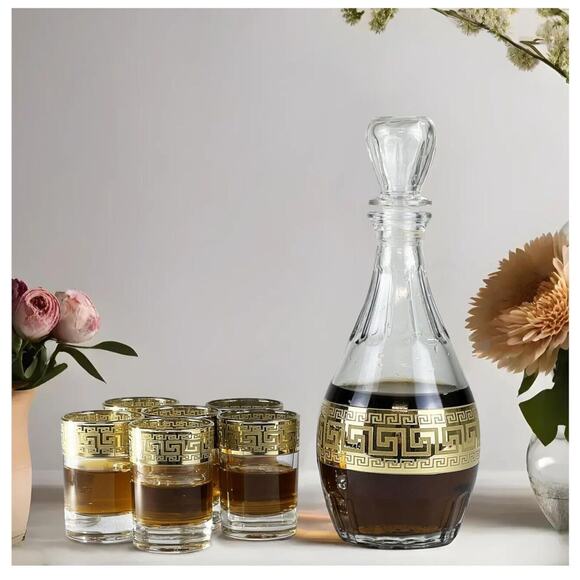 Greek Key Decanter and Shot Glass Set of 7 – 16.9 oz Decanter, 2 oz Shot Glasses - Picture 5 of 6